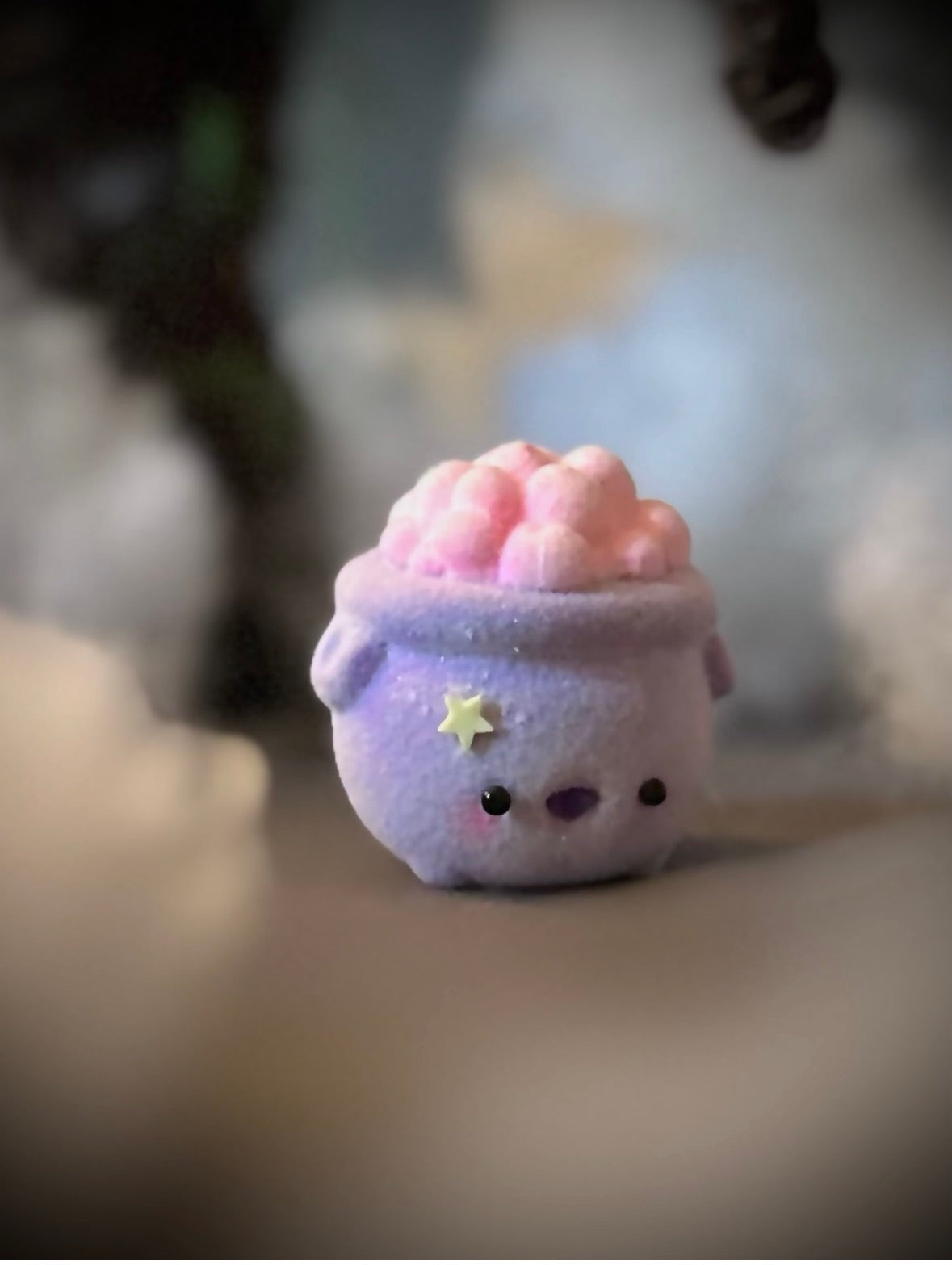 Bubbles the Sweet Cauldron 2 inch flocked, clay figurine with wooden base.