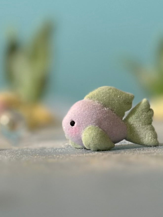Preorder Lavender little Fishy 1.25 inch Flocked Figurine with Wooden Display Base
