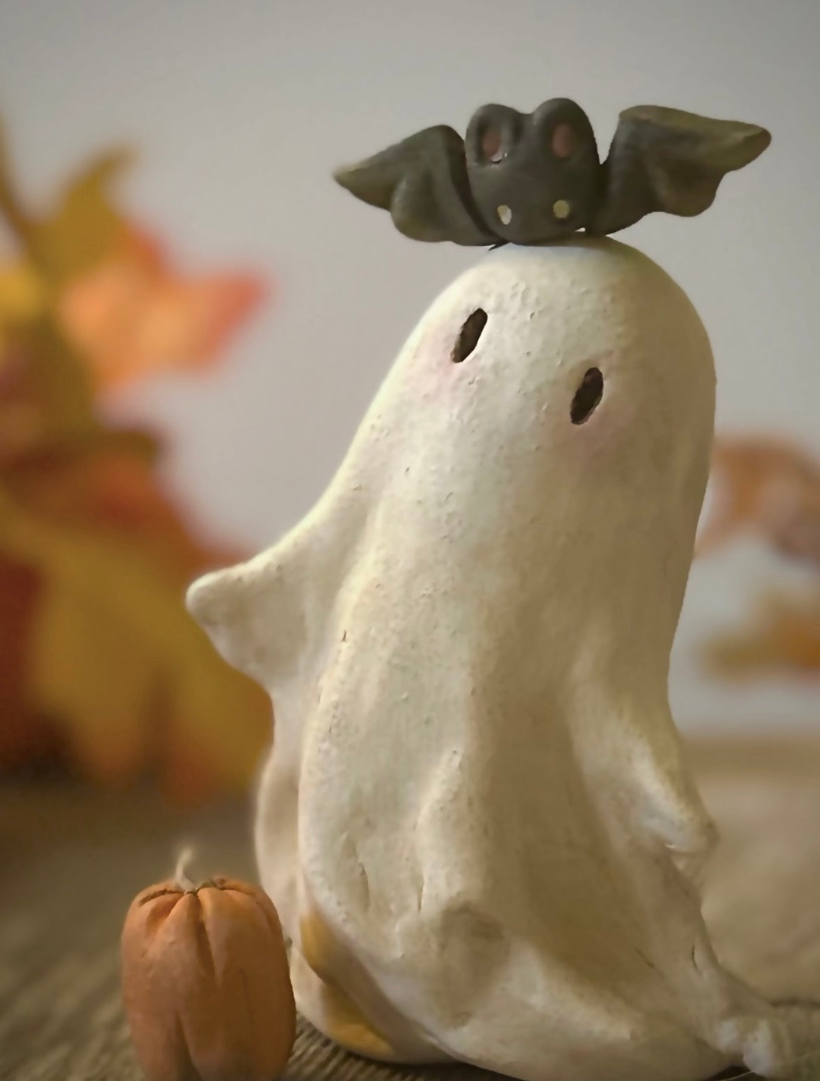 Large Bat and Boo 4 inch clay figurine with pumpkin