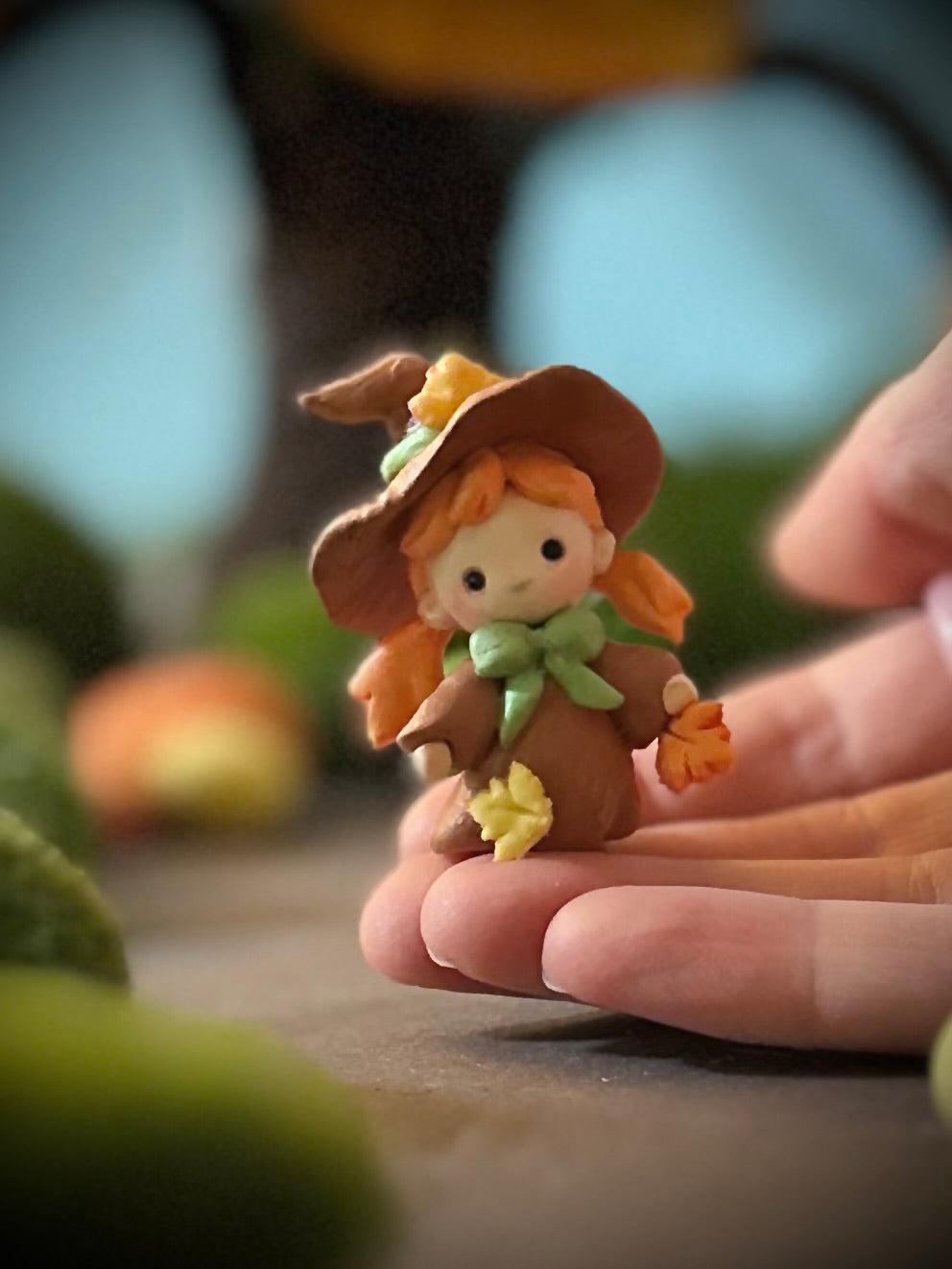 Fall Witch 1.5 clay figurine with wooden base.