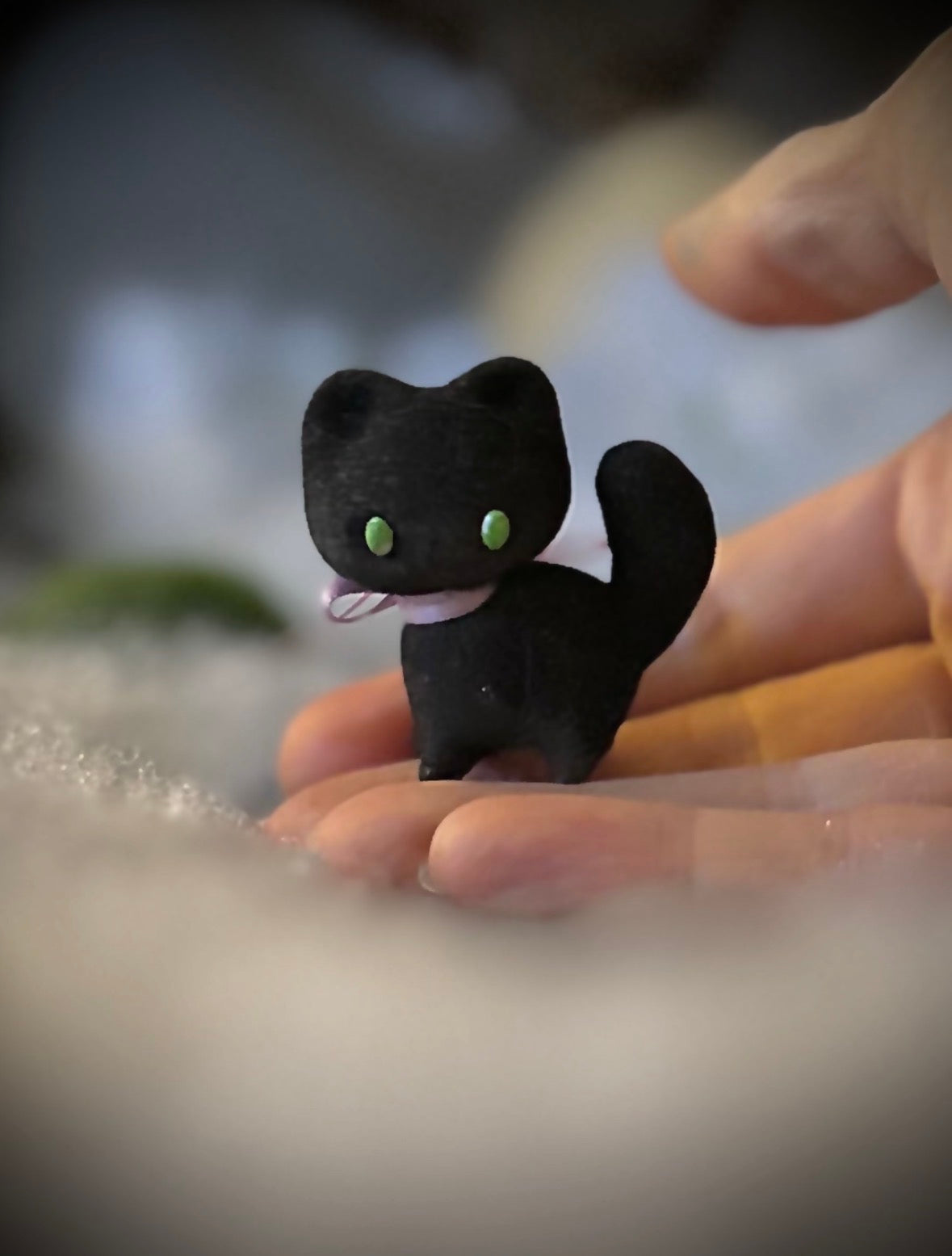 Stella Black Cat 2  inch flocked, clay figurine with wooden base.