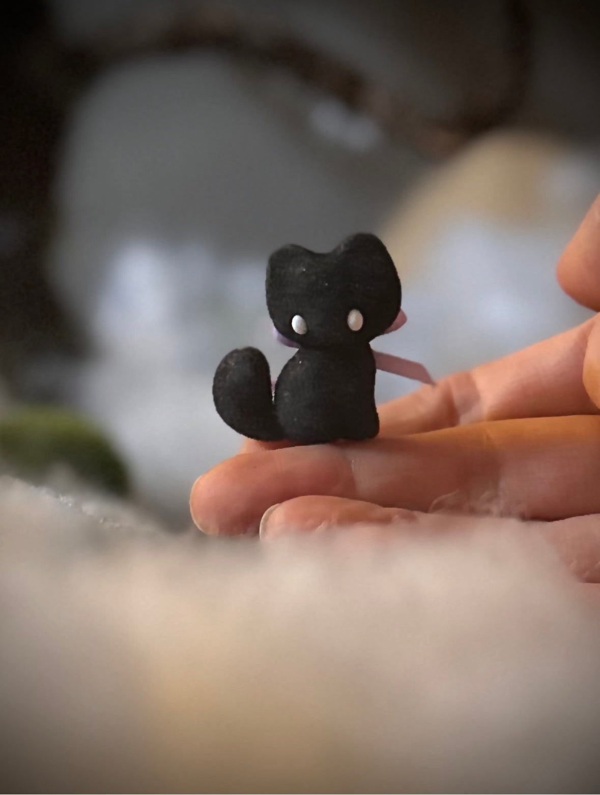 Charlie Black Cat 1.5 inch flocked, clay figurine with wooden base.