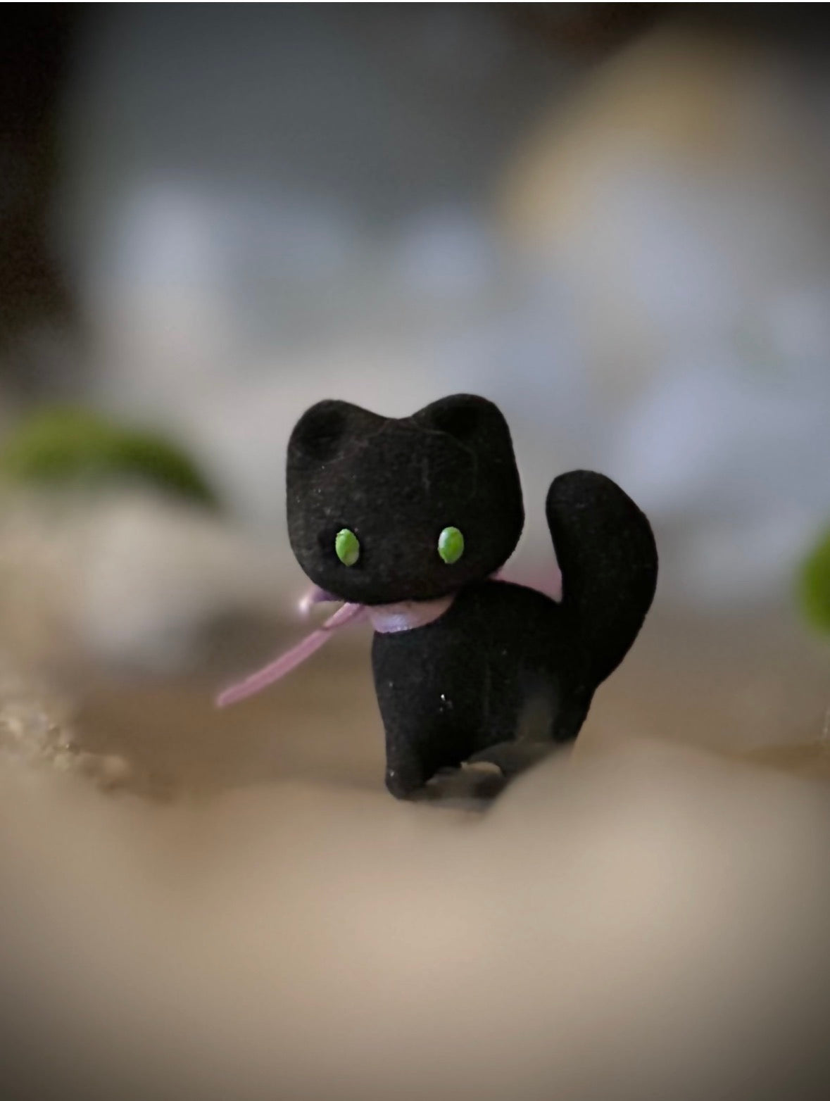 Stella Black Cat 2  inch flocked, clay figurine with wooden base.