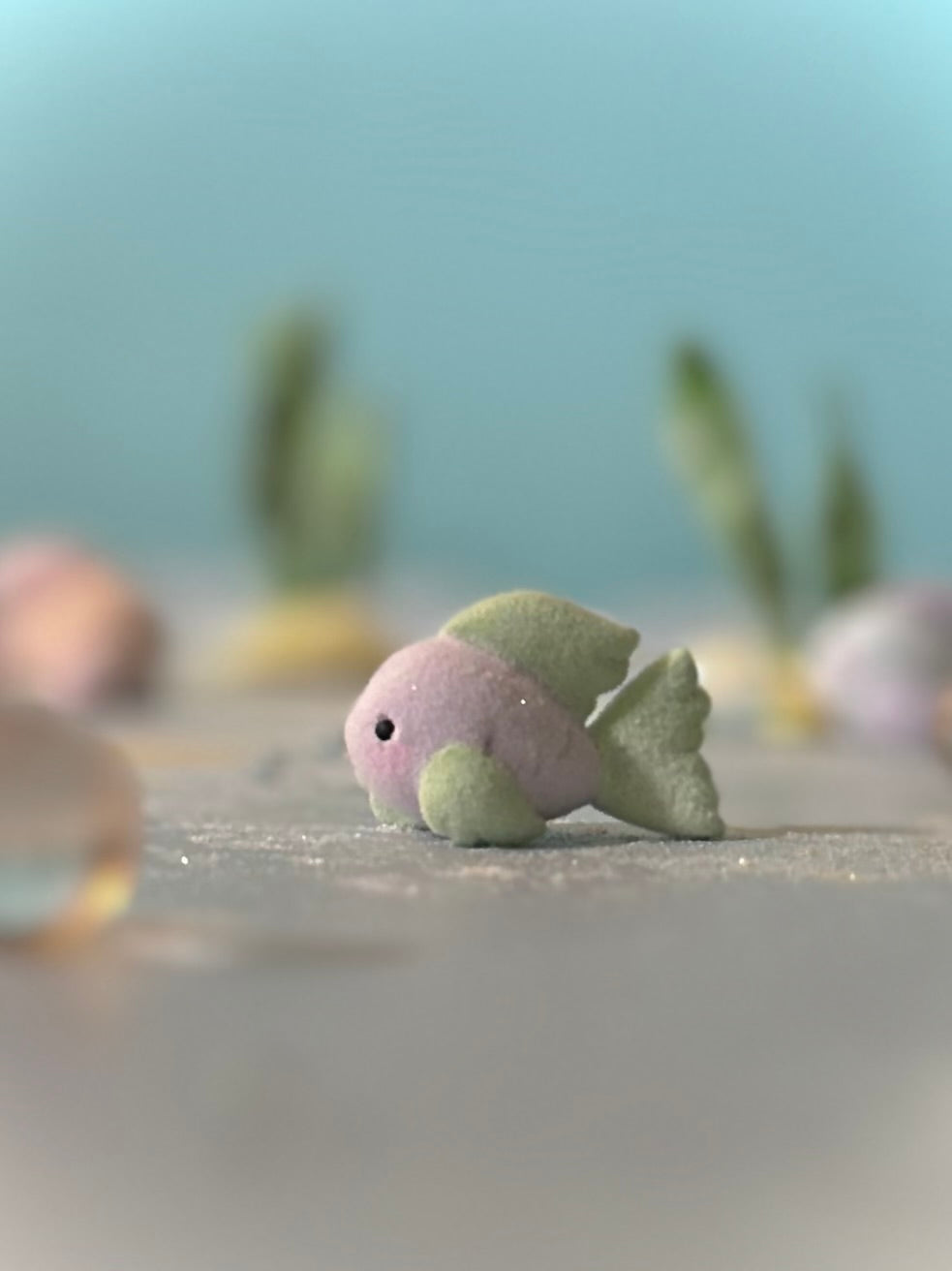 Preorder Lavender  little Fishy 1.25 inch Flocked Figurine with Wooden Display Base