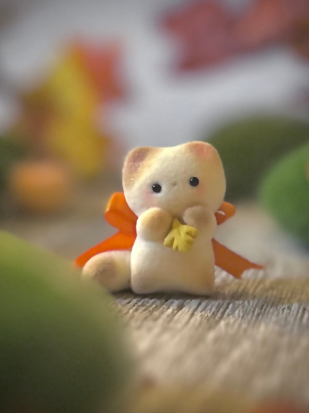 Fall Calico Cat 2  inch flocked, clay figurine with wooden base.