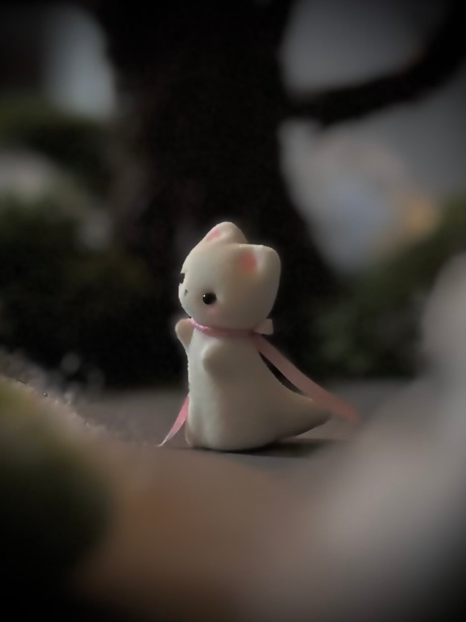 Preorder Ghost Kitten 1.75 inch Flocked Figurine with wooden display base