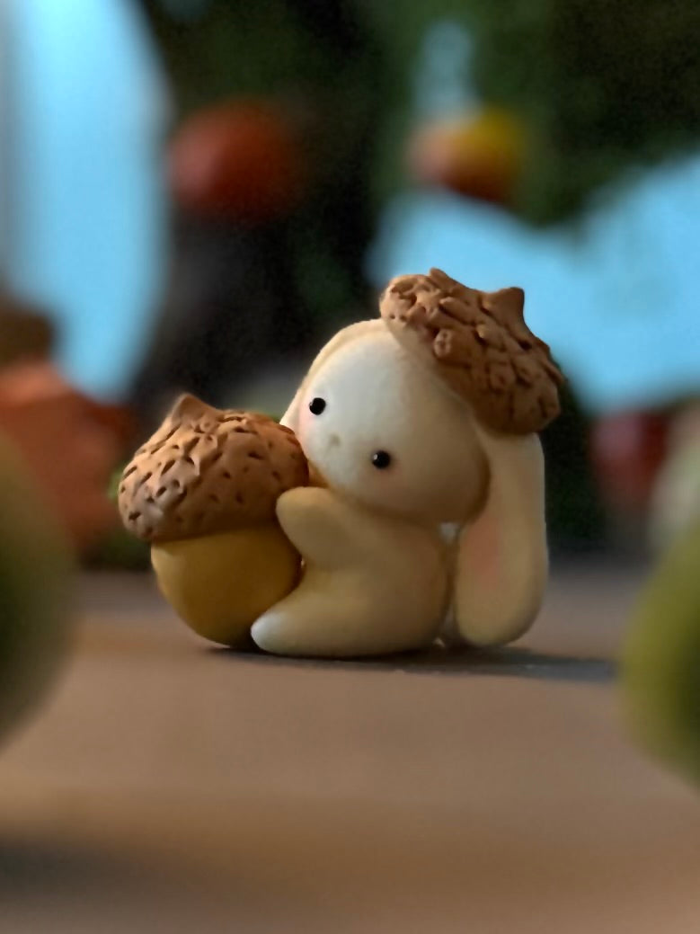 Preorder Acorn Bunny  2 x 2inch Flocked Figurine with wooden display base