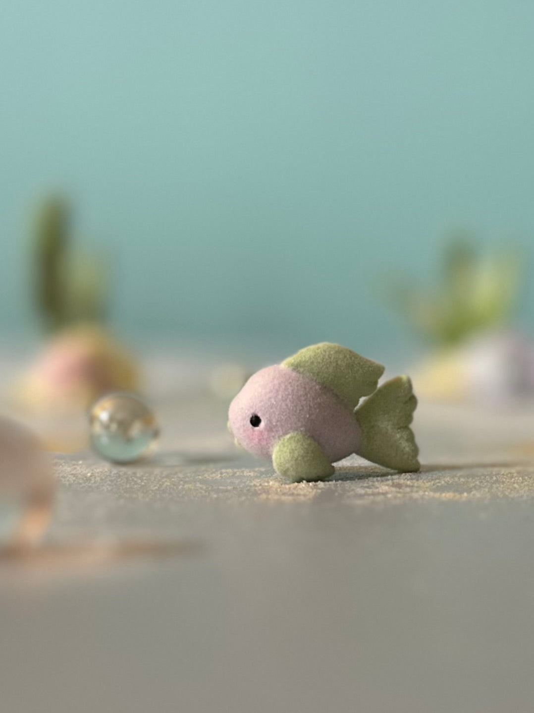 Preorder Lavender  little Fishy 1.25 inch Flocked Figurine with Wooden Display Base