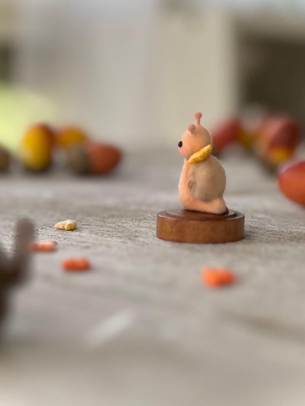 Fall snail 1.5 inch flocked, clay figurine with wooden base.