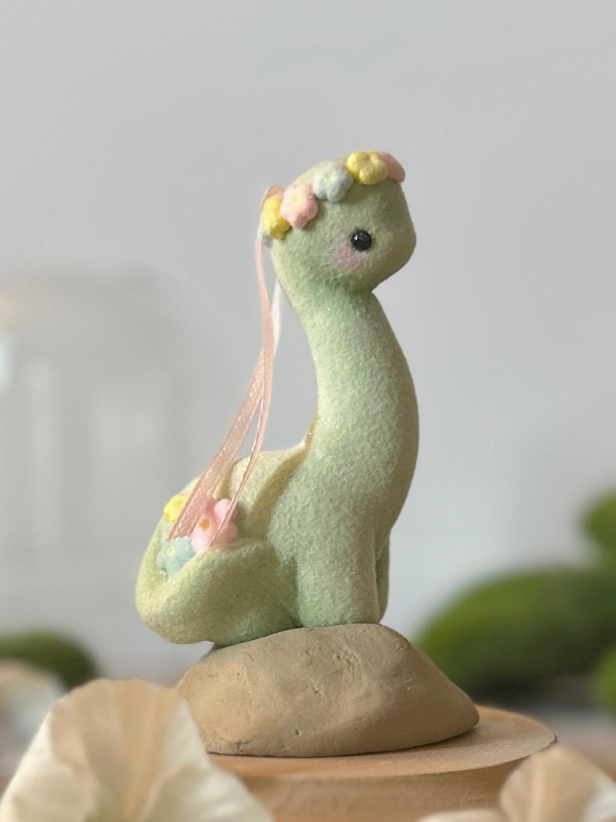 Spring Dino 5.5 inch Flocked Figurine in Glass Cloche