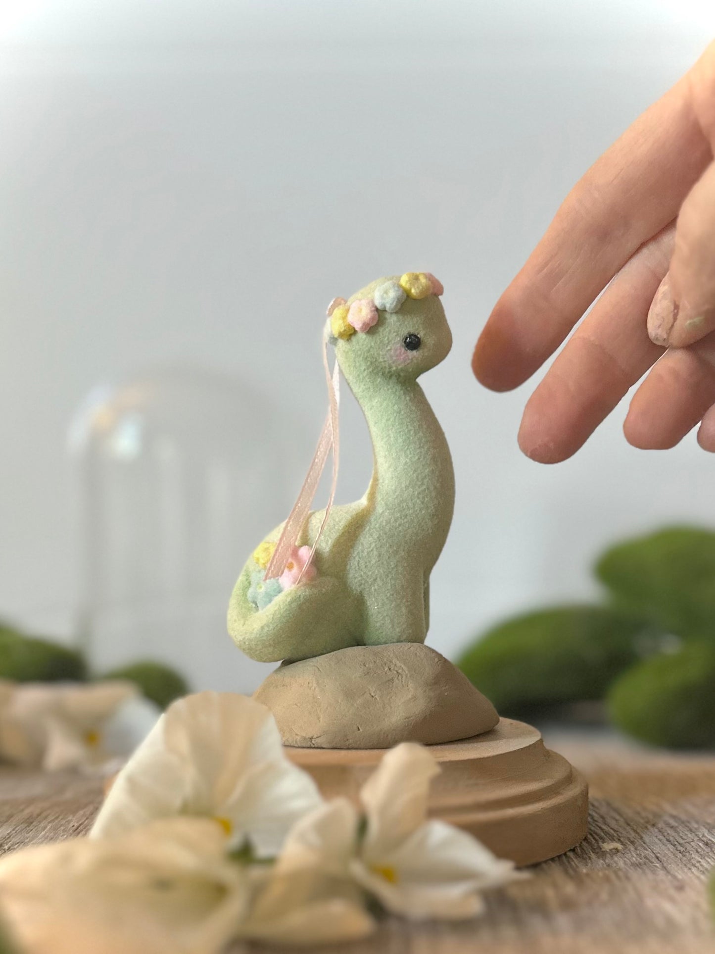 Spring Dino 5.5 inch Flocked Figurine in Glass Cloche