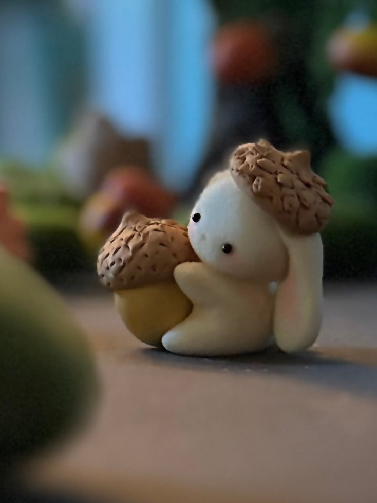 Preorder Acorn Bunny  2 x 2inch Flocked Figurine with wooden display base