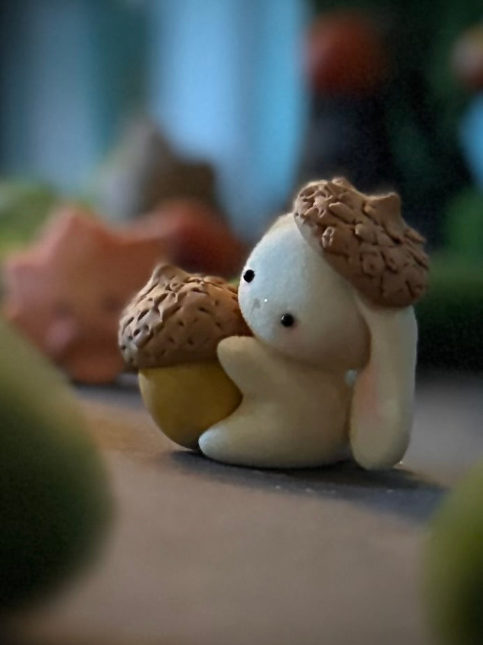 Preorder Acorn Bunny  2 x 2inch Flocked Figurine with wooden display base