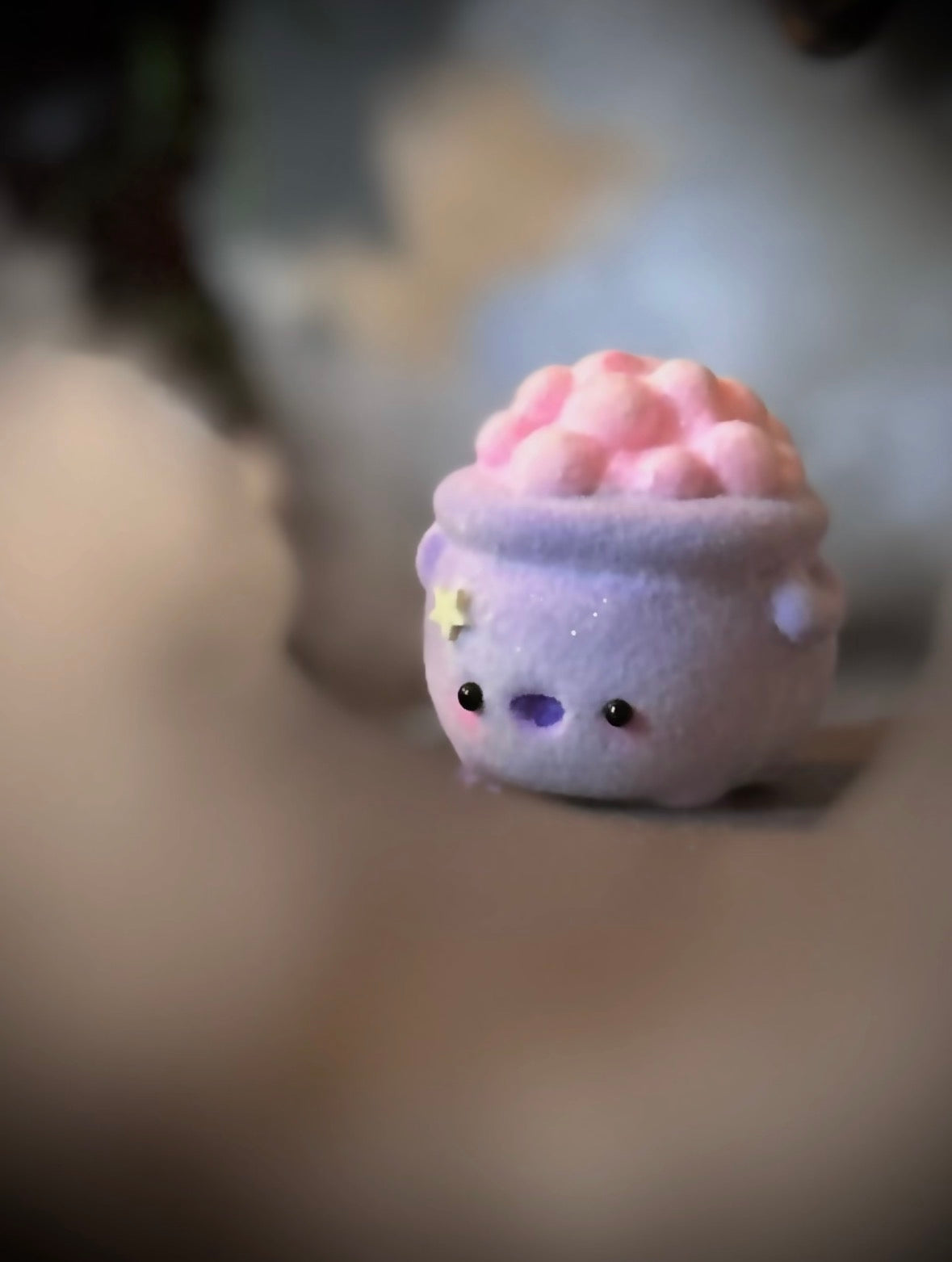 Bubbles the Sweet Cauldron 2  inch flocked, clay figurine with wooden base.