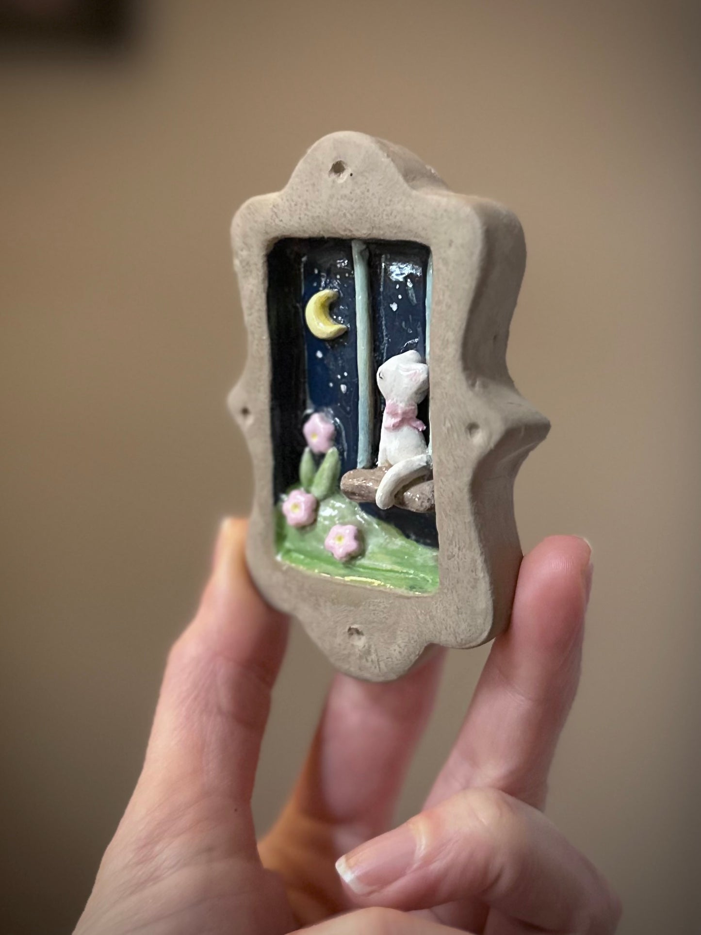 Cat on a Swing Mini Clay Wall Hanging 2.5x3.5