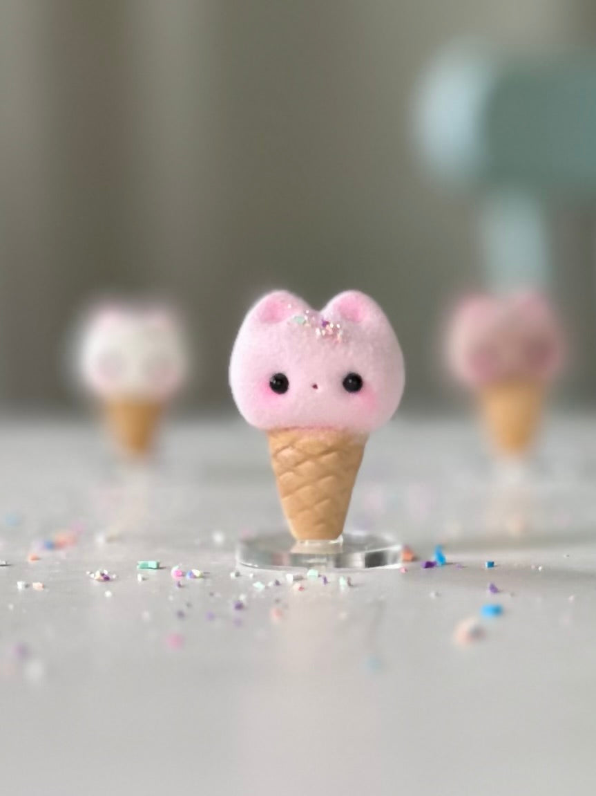 Preorder Strawberry Kitty Cone   2  inch Flocked Figurine with clear stand