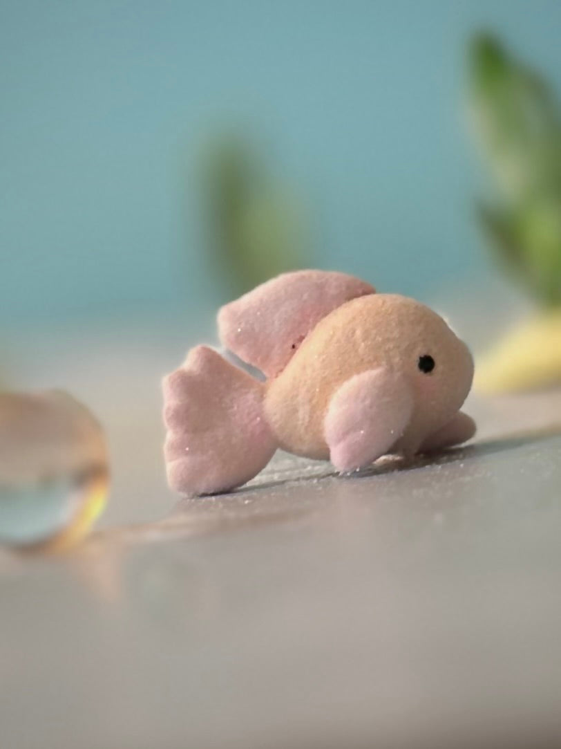 Preorder Orange little Fishy 1.25 inch Flocked Figurine with Wooden Display Base
