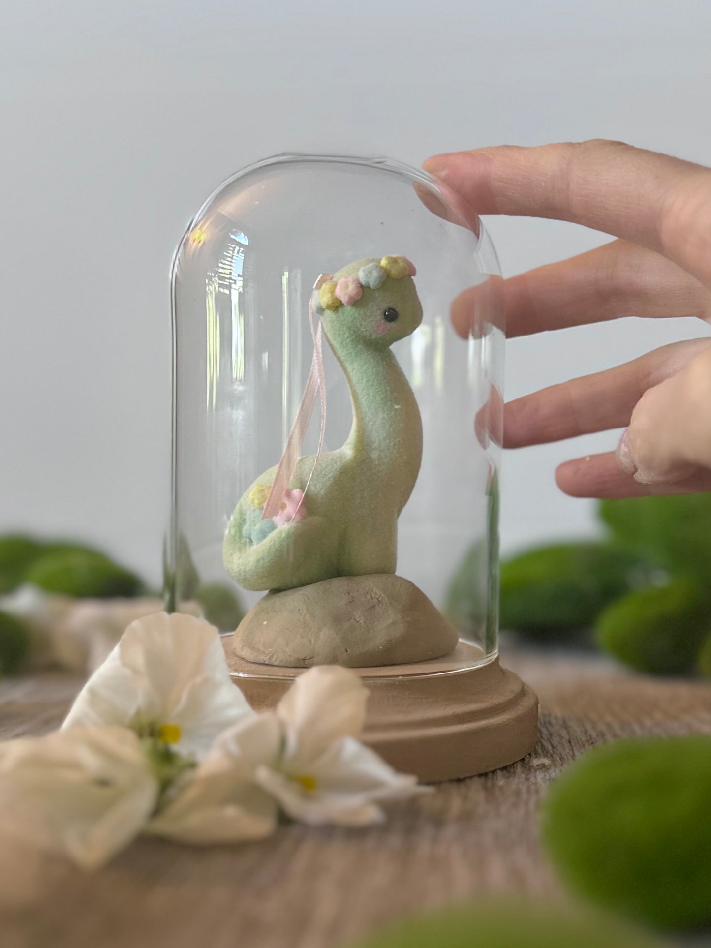 Spring Dino 5.5 inch Flocked Figurine in Glass Cloche