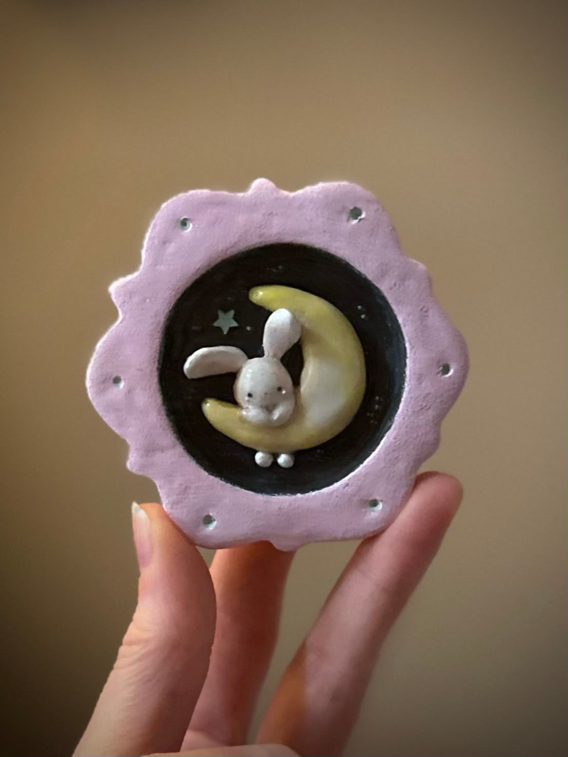 Bunny on the Moon  handmade clay Mini Wall Hanging 2.5x3.5