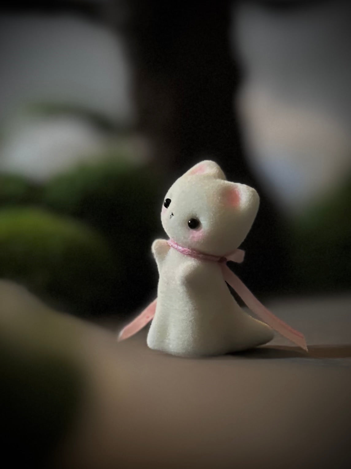 Preorder Ghost Kitten 1.75 inch Flocked Figurine with wooden display base