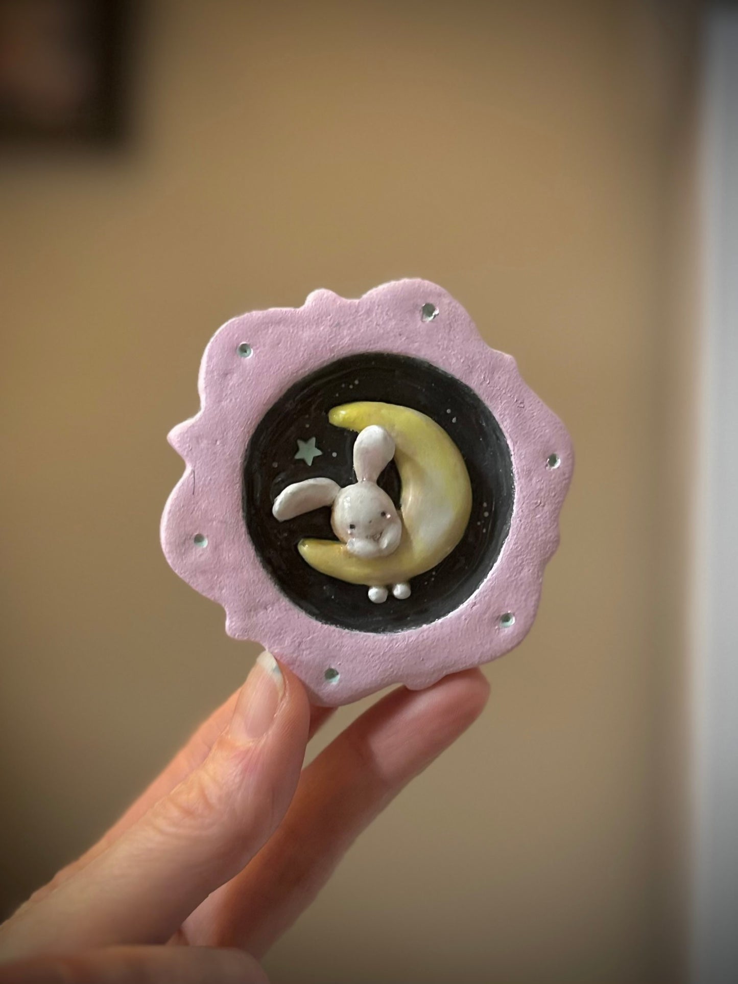 Bunny on the Moon  handmade clay Mini Wall Hanging 2.5x3.5