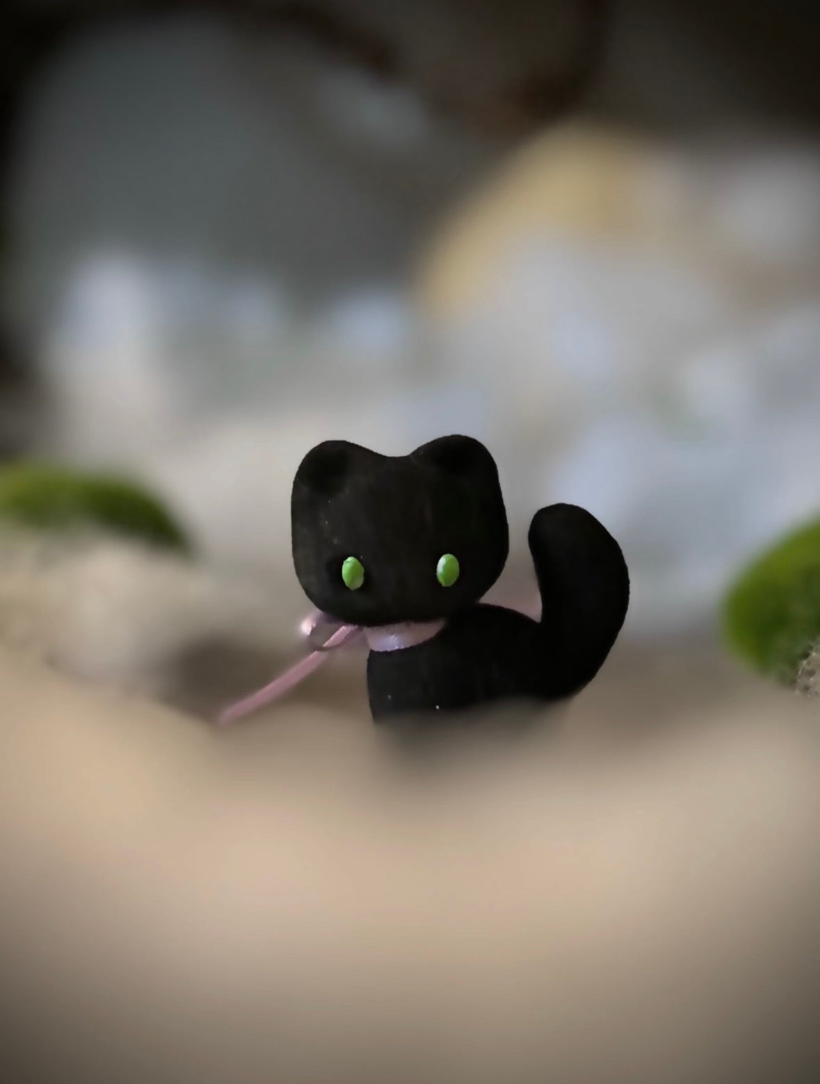 Stella Black Cat 2  inch flocked, clay figurine with wooden base.