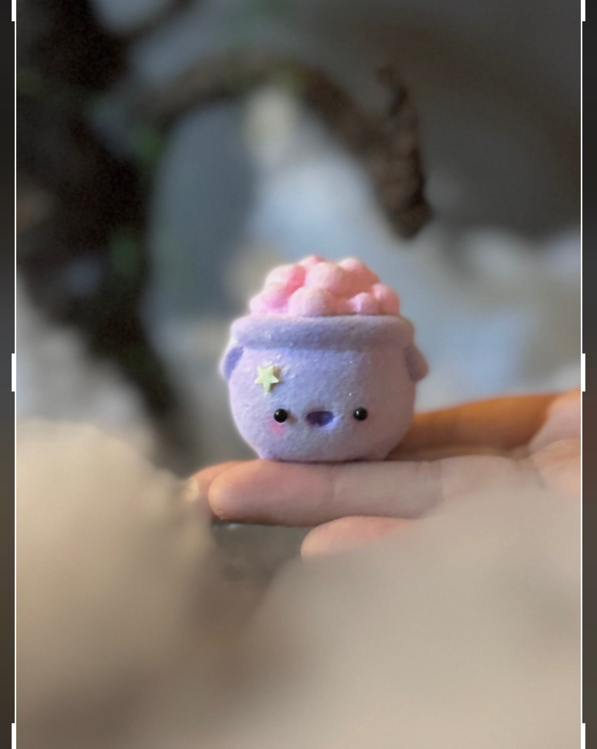 Bubbles the Sweet Cauldron 2  inch flocked, clay figurine with wooden base.