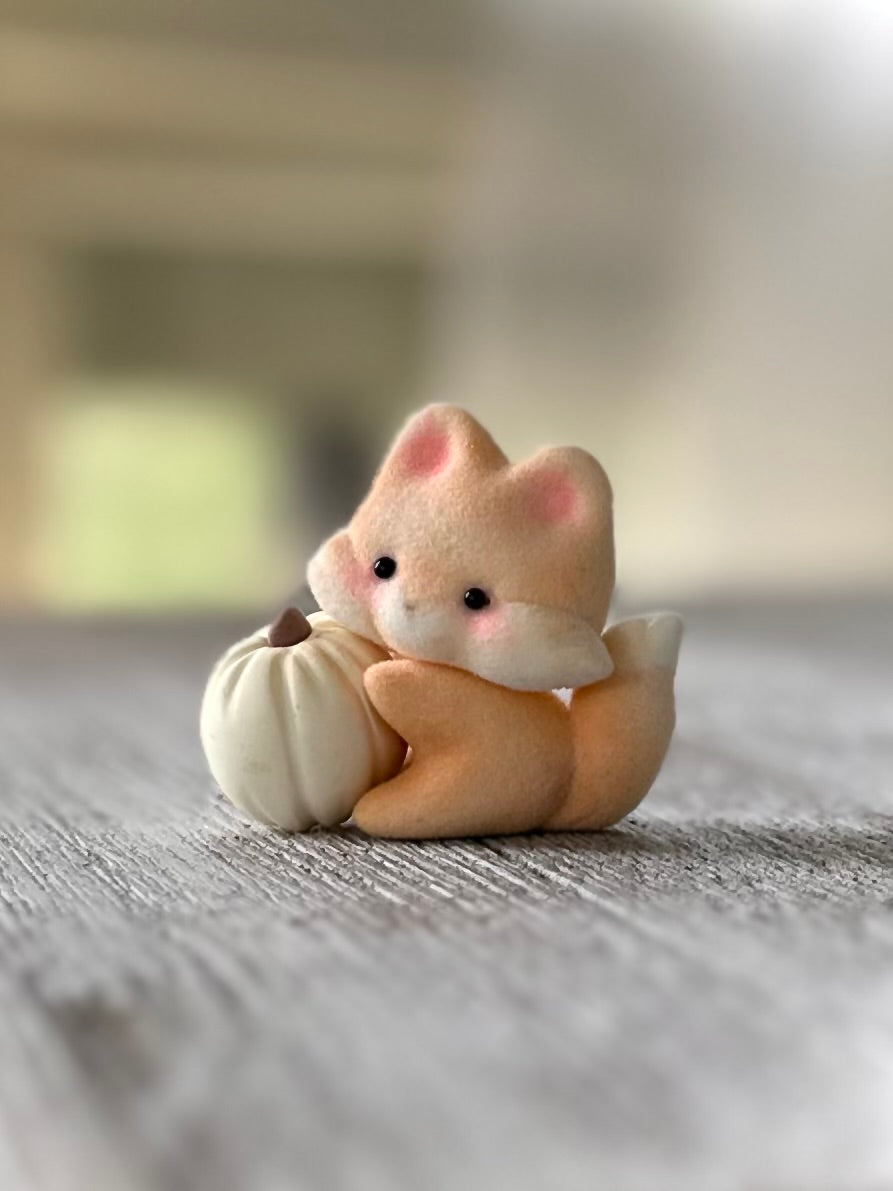 Preorder Pumpkin Fox 2 x 2inch Flocked Figurine with wooden display base