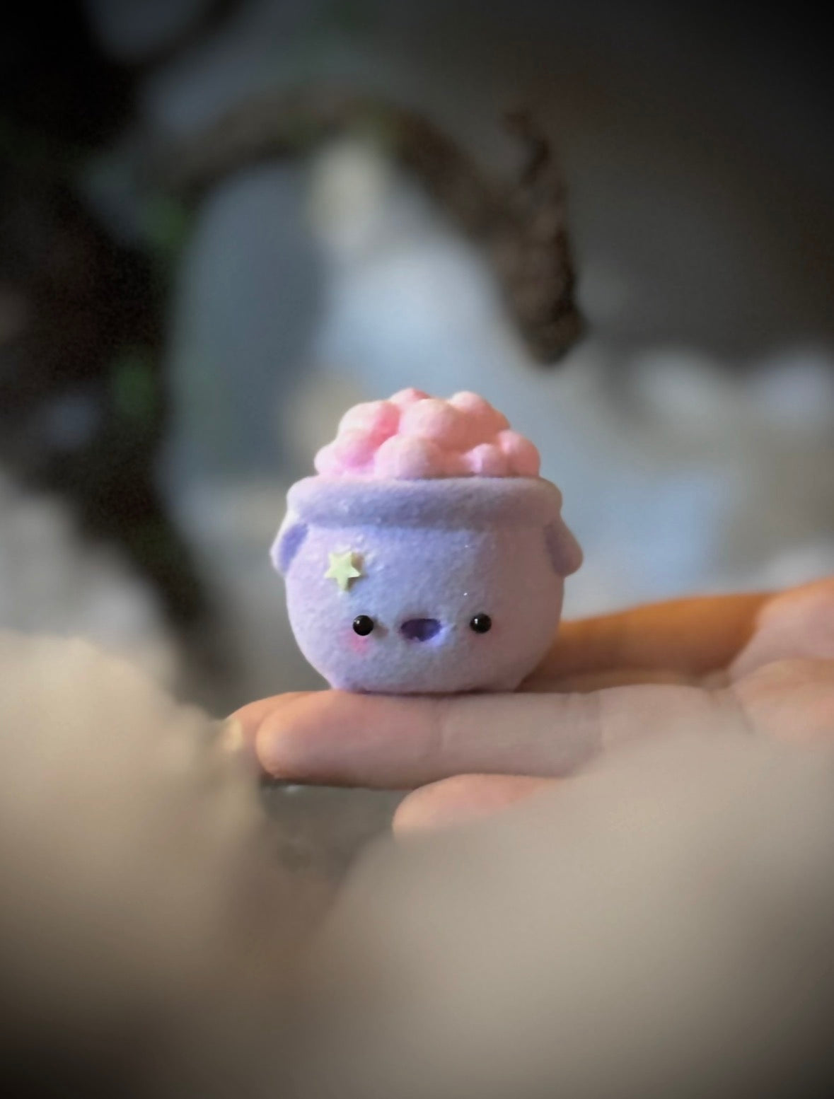 Bubbles the Sweet Cauldron 2  inch flocked, clay figurine with wooden base.