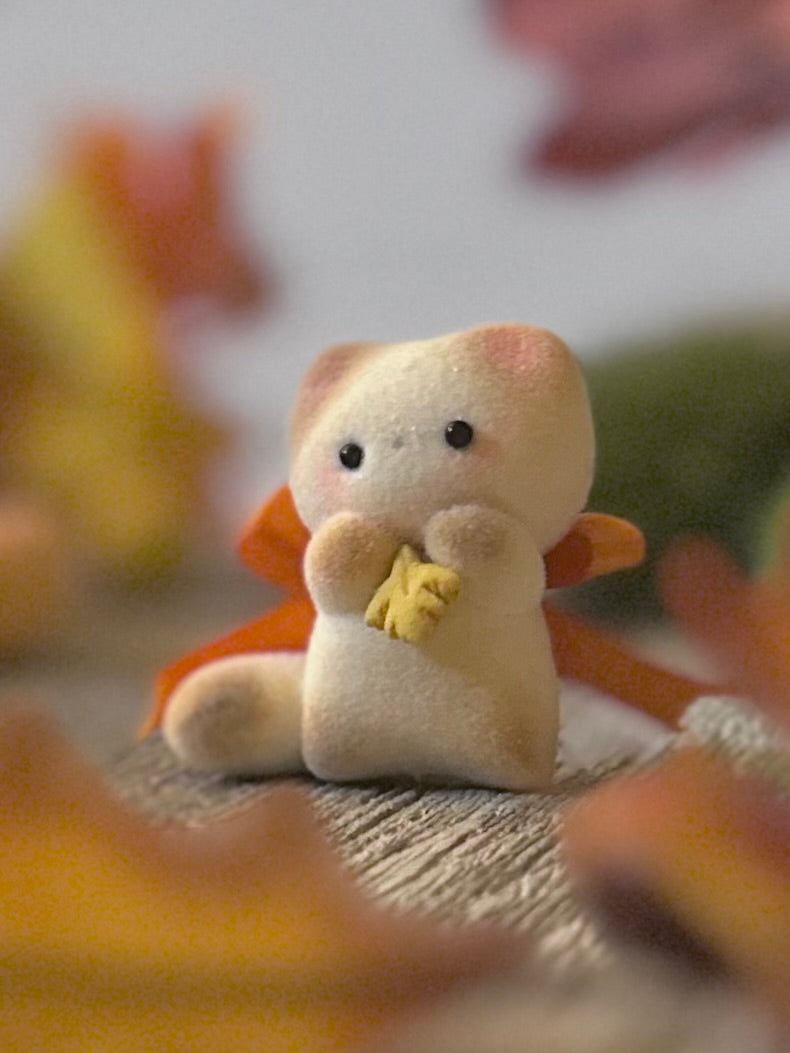 Fall Calico Cat 2  inch flocked, clay figurine with wooden base.