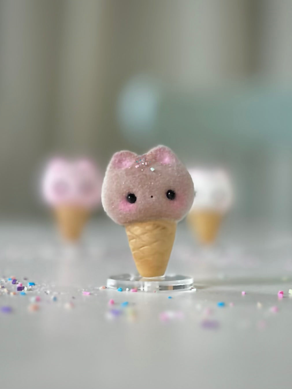 Preorder chocolate Kitty Cone  2  inch Flocked Figurine with clear stand