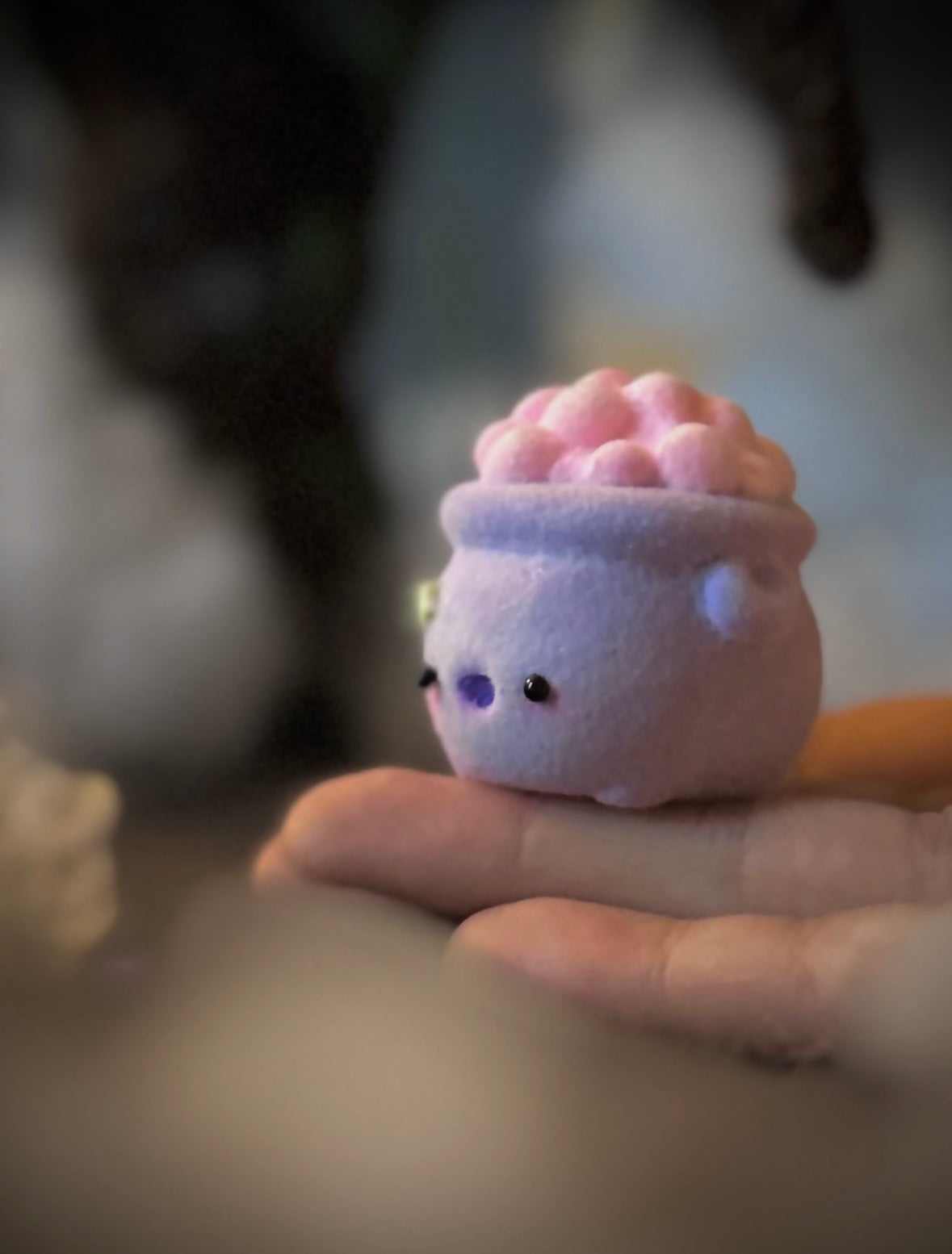 Bubbles the Sweet Cauldron 2  inch flocked, clay figurine with wooden base.