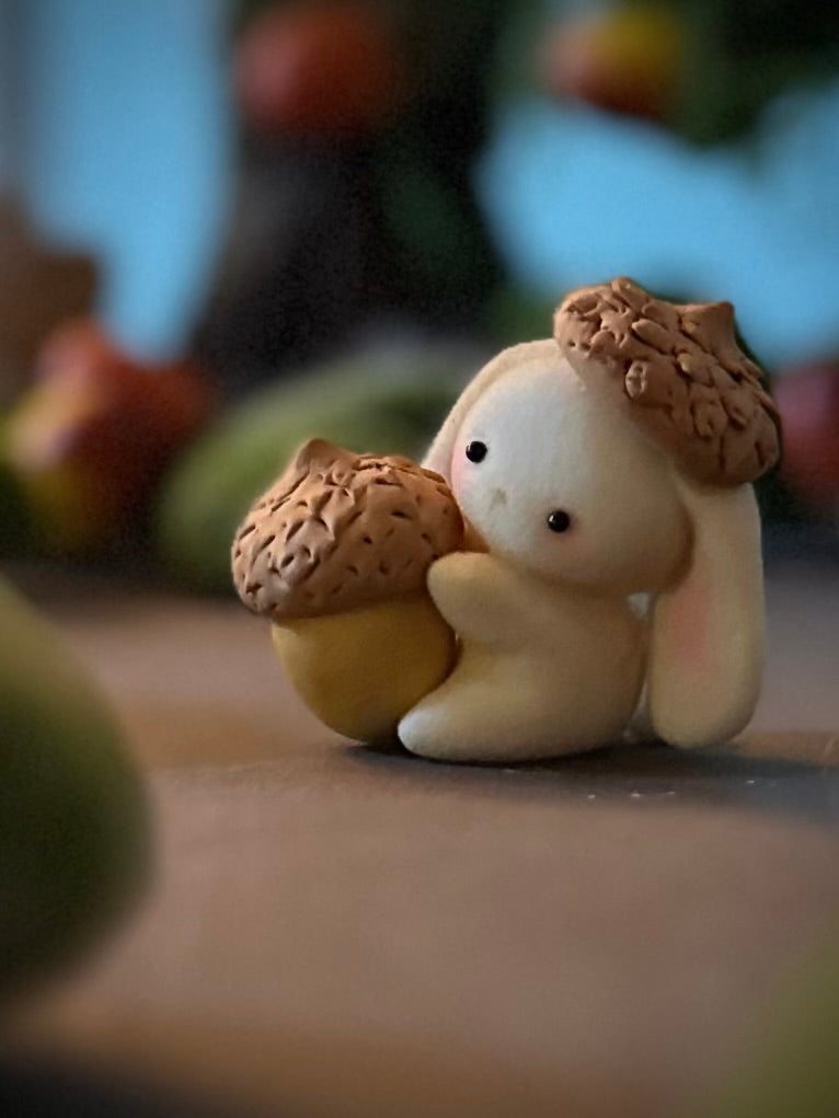 Preorder Acorn Bunny  2 x 2inch Flocked Figurine with wooden display base
