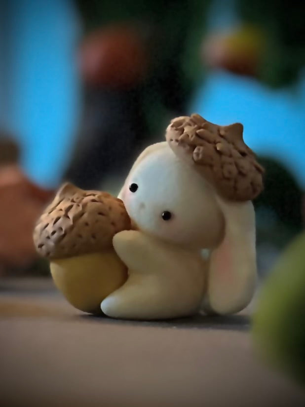 Preorder Acorn Bunny  2 x 2inch Flocked Figurine with wooden display base