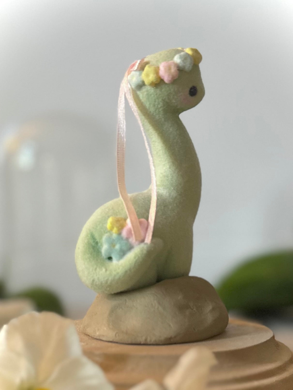 Spring Dino 5.5 inch Flocked Figurine in Glass Cloche