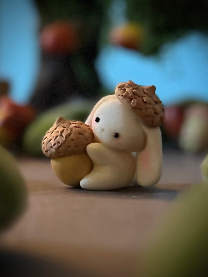 Preorder Acorn Bunny  2 x 2inch Flocked Figurine with wooden display base