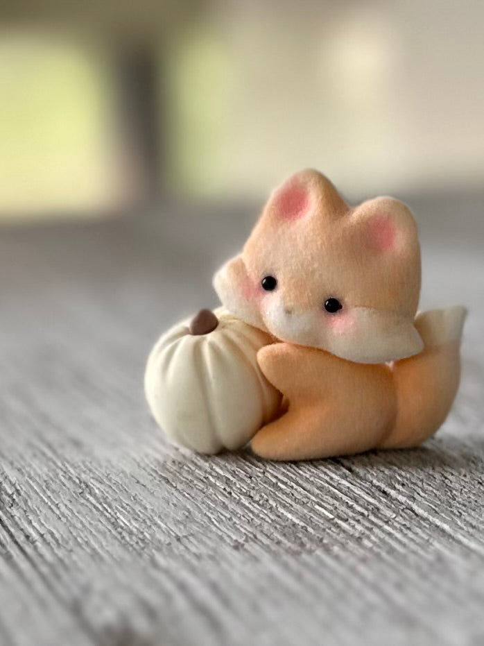 Preorder Pumpkin Fox 2 x 2inch Flocked Figurine with wooden display base