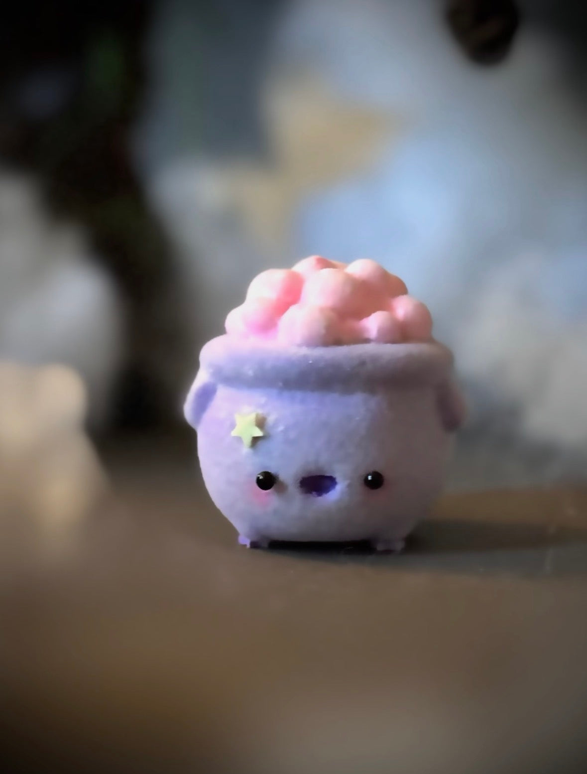 Bubbles the Sweet Cauldron 2  inch flocked, clay figurine with wooden base.