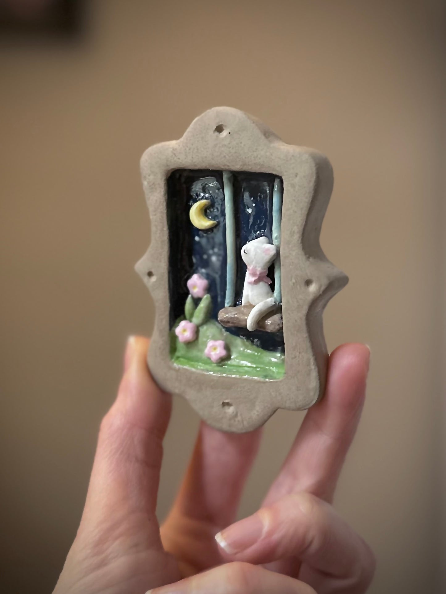 Cat on a Swing Mini Clay Wall Hanging 2.5x3.5