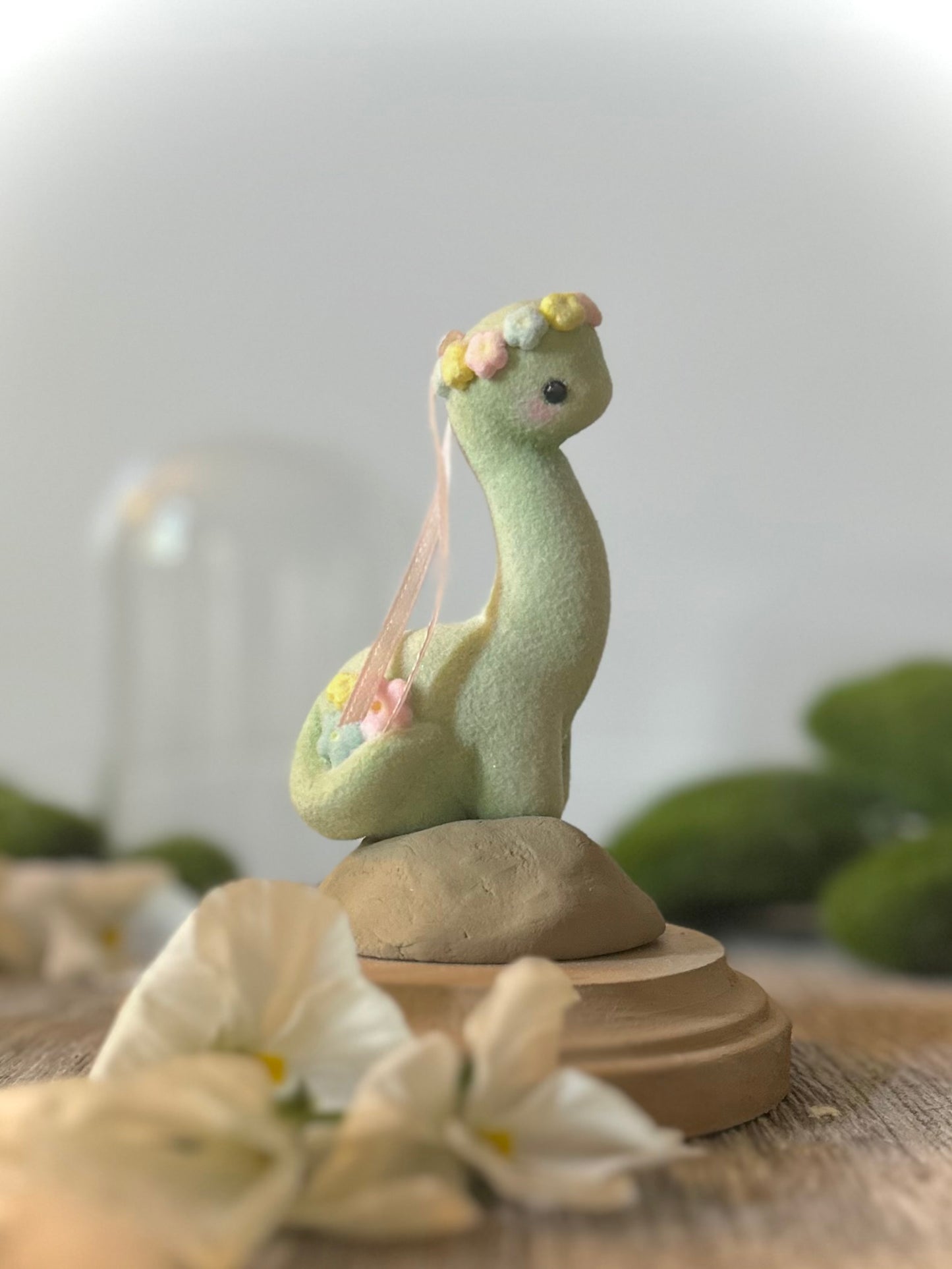 Spring Dino 5.5 inch Flocked Figurine in Glass Cloche