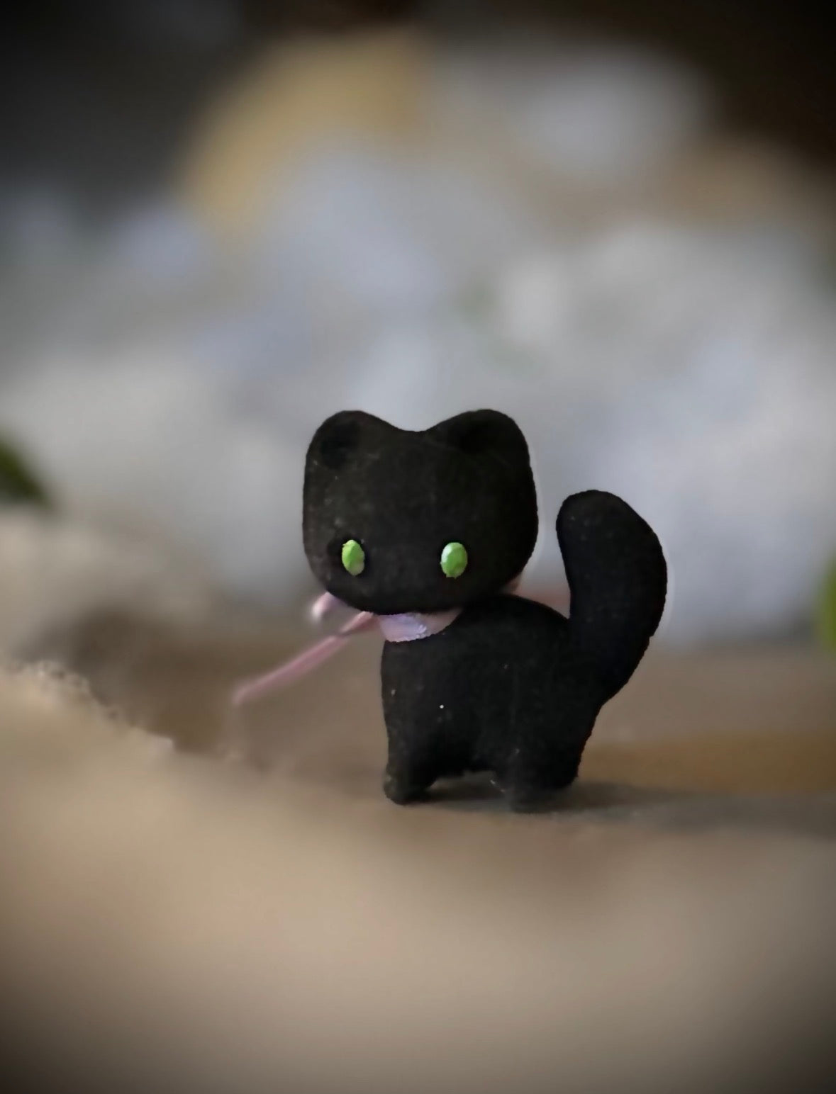 Stella Black Cat 2  inch flocked, clay figurine with wooden base.