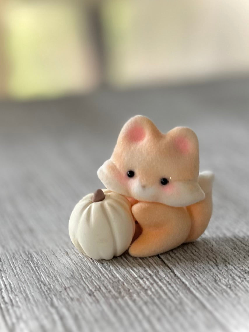 Preorder Pumpkin Fox 2 x 2inch Flocked Figurine with wooden display base