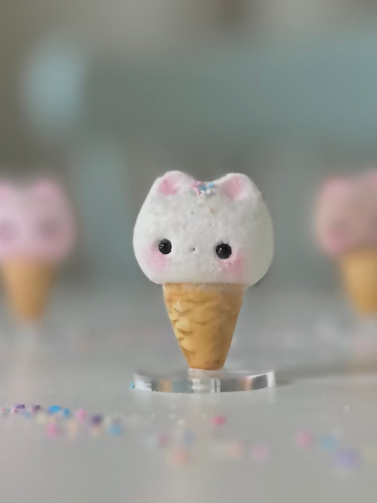Preorder Vanilla  Kitty Cone  2  inch Flocked Figurine with clear stand