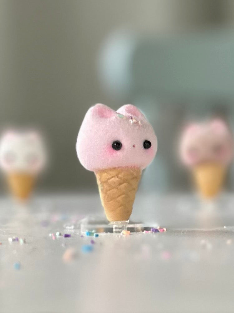 Preorder Strawberry Kitty Cone   2  inch Flocked Figurine with clear stand