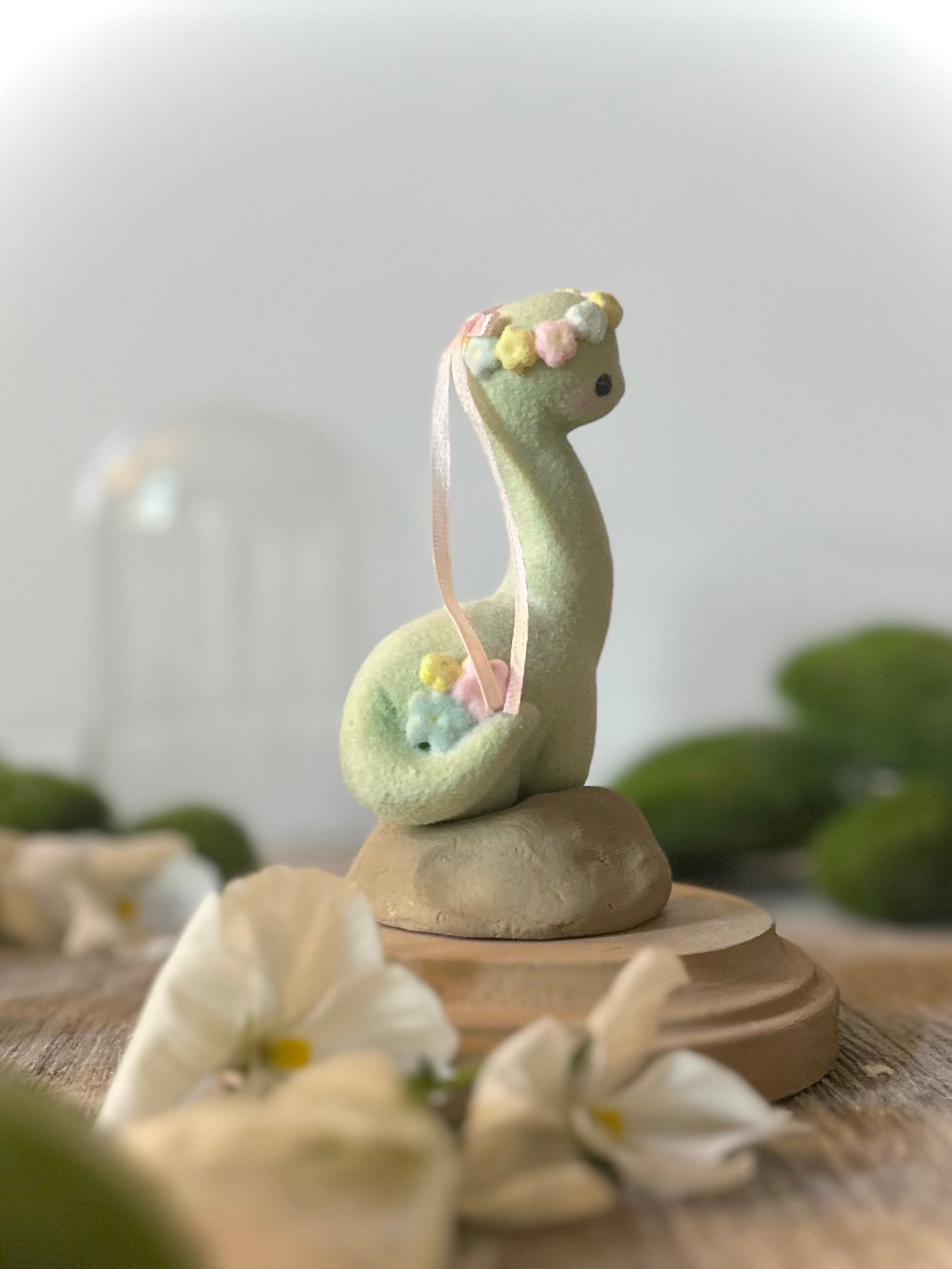 Spring Dino 5.5 inch Flocked Figurine in Glass Cloche