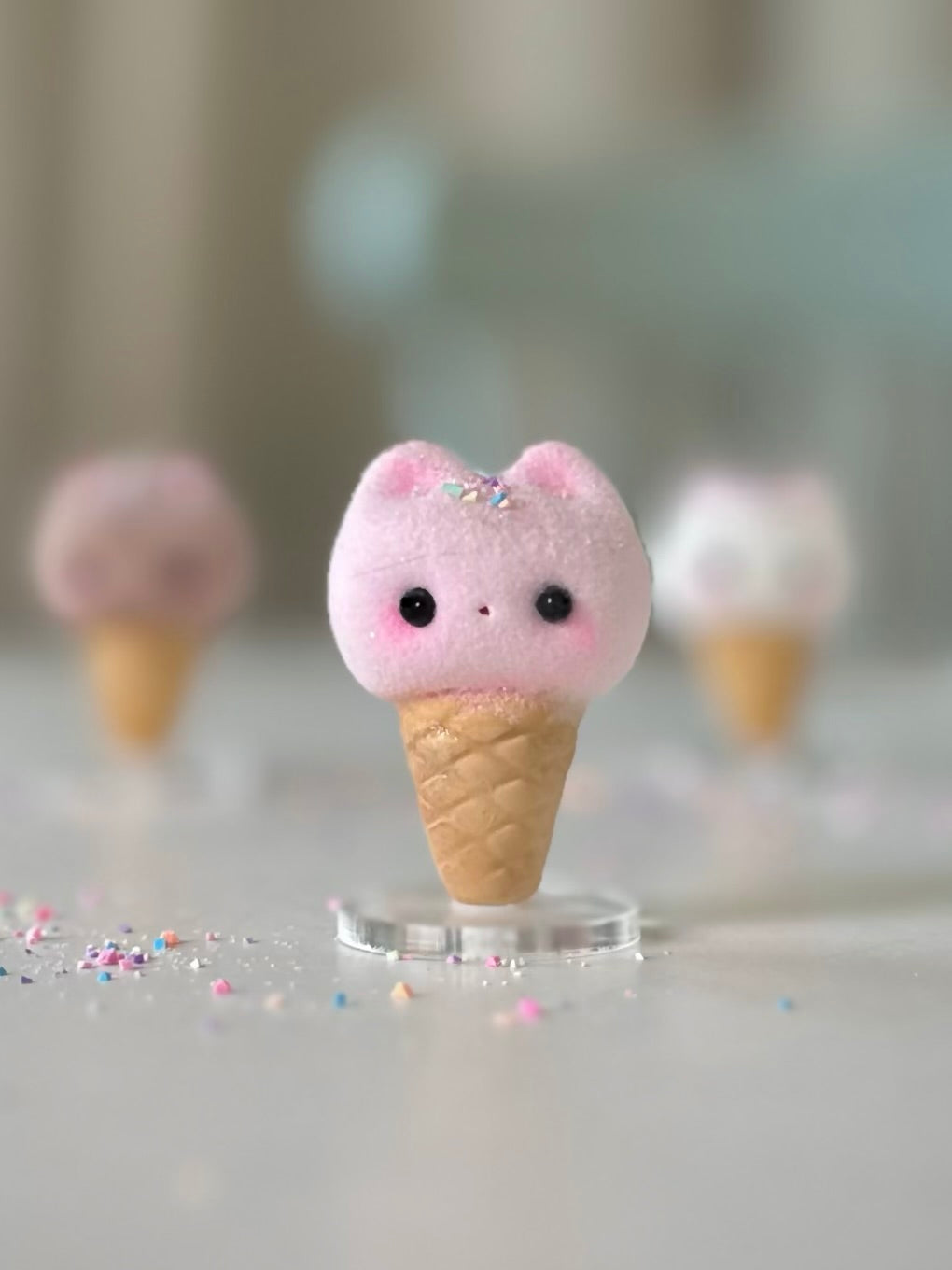 Preorder Strawberry Kitty Cone   2  inch Flocked Figurine with clear stand