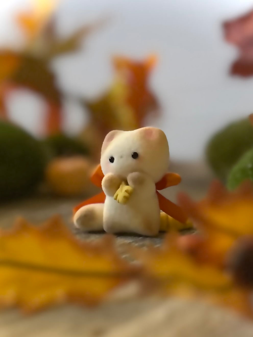 Fall Calico Cat 2  inch flocked, clay figurine with wooden base.