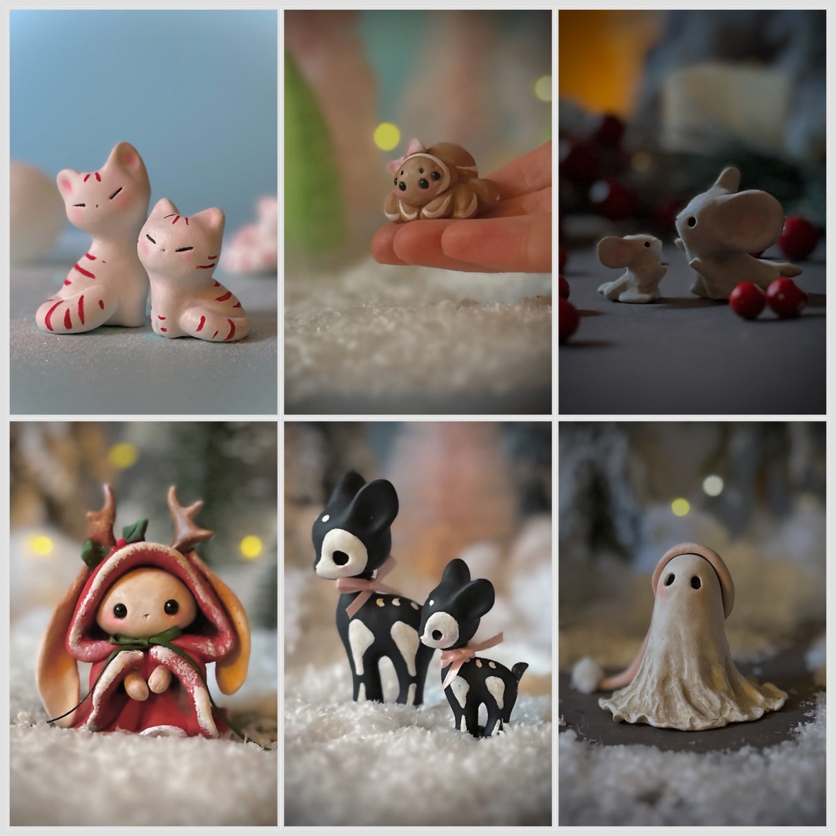 PRE ORDER Holiday Party Set. Yuletide Jackalope, Pair of Skeledeer, Pair of Mice, Pair of Peppemint Kitties, Winter Spirit Ghost, and a Gingerbread Spider.