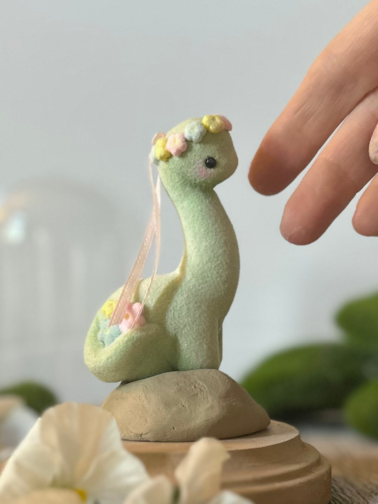 Spring Dino 5.5 inch Flocked Figurine in Glass Cloche