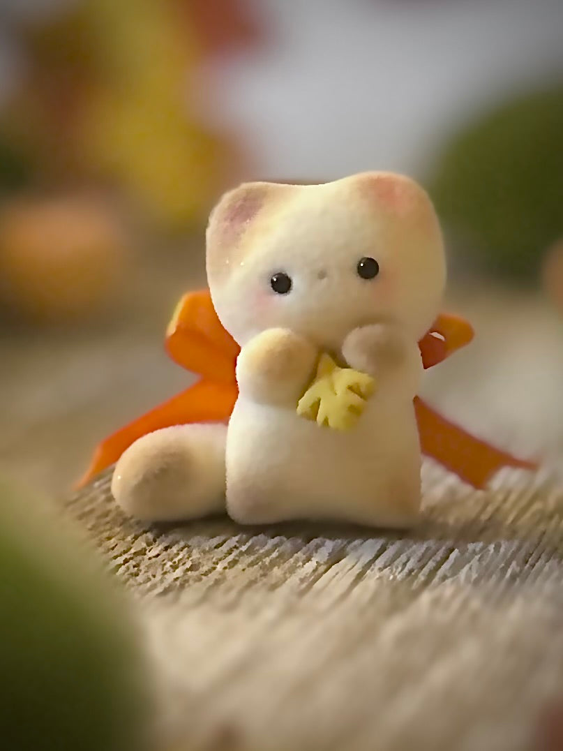 Fall Calico Cat 2  inch flocked, clay figurine with wooden base.